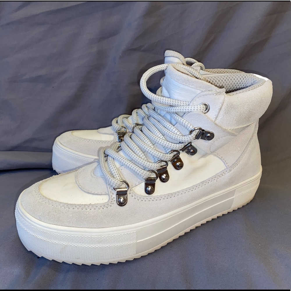 Aqua platform sneakers with extra thick laces and suede details